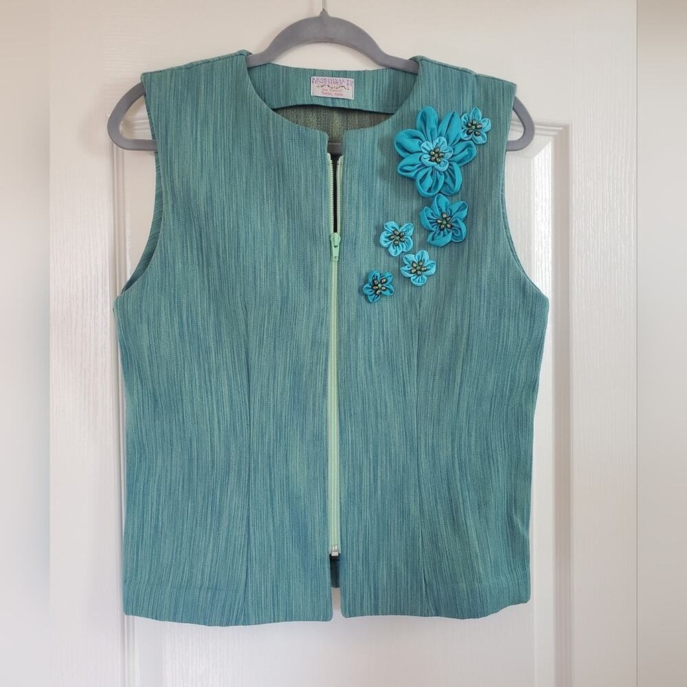 Handmade Blue Green Tweed 3D Floral Detailing Zipper Vest, Women's Size Small